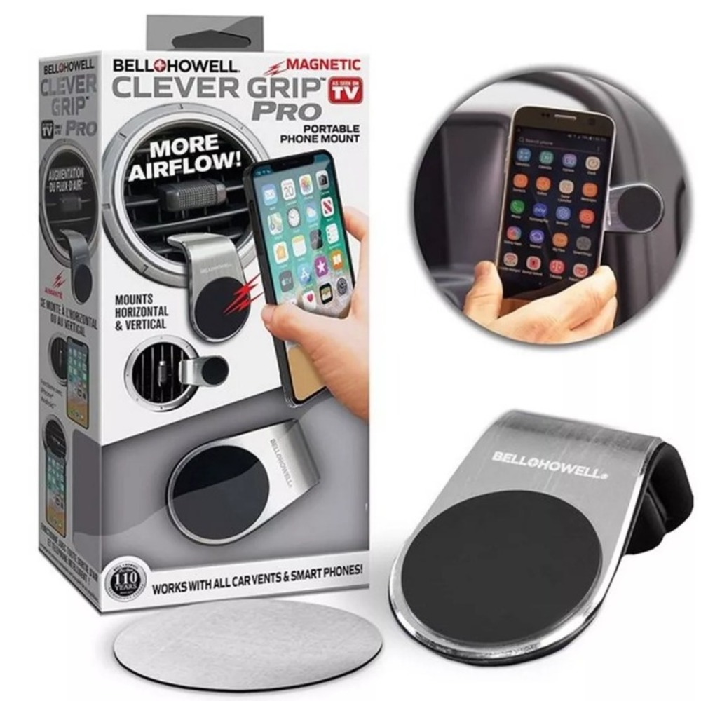 Bell+Howell Clever Grip Pro Magnetic Portable Car Vent Phone Mount Holder Silver